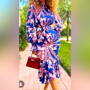 Royal Blue & Red Floral Long-Sleeve Midi Dress Size L